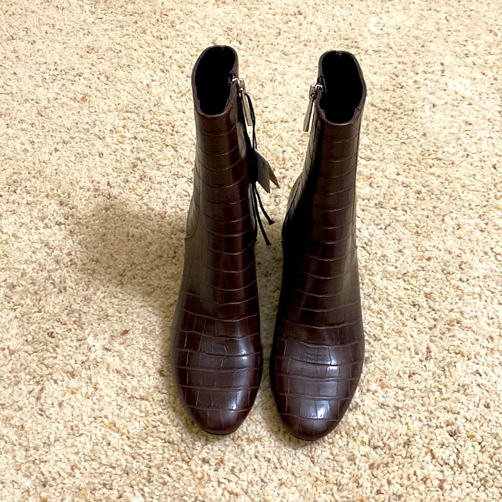 Zara Dark Brown Croc-Embossed Heeled Ankle Boots